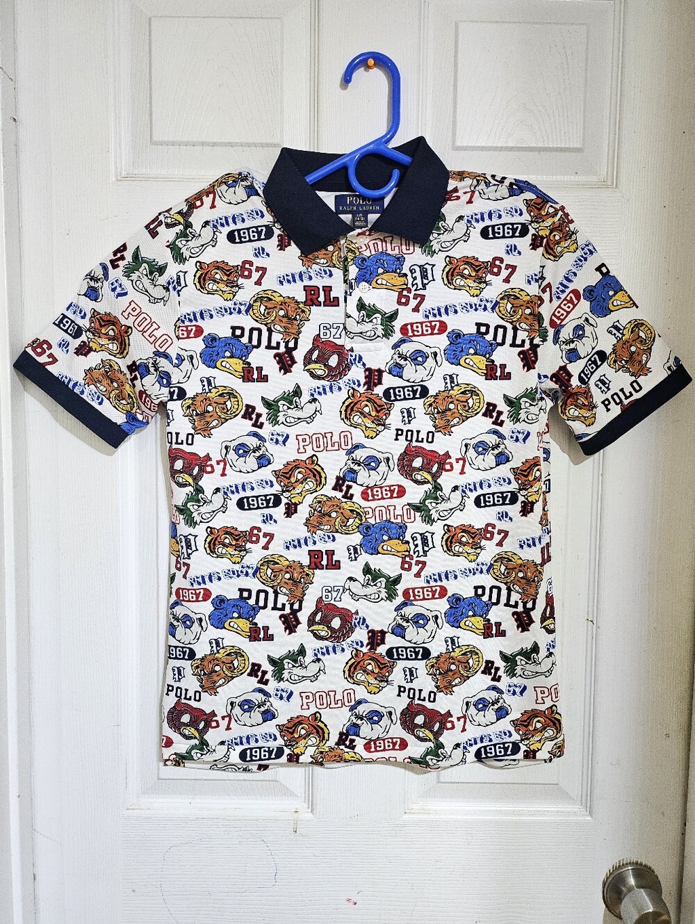 POLO RALPH LAUREN WHITE MASCOT MULTI GRAPHIC PRINT POLO SHIRT BOY'S L(14-16)
